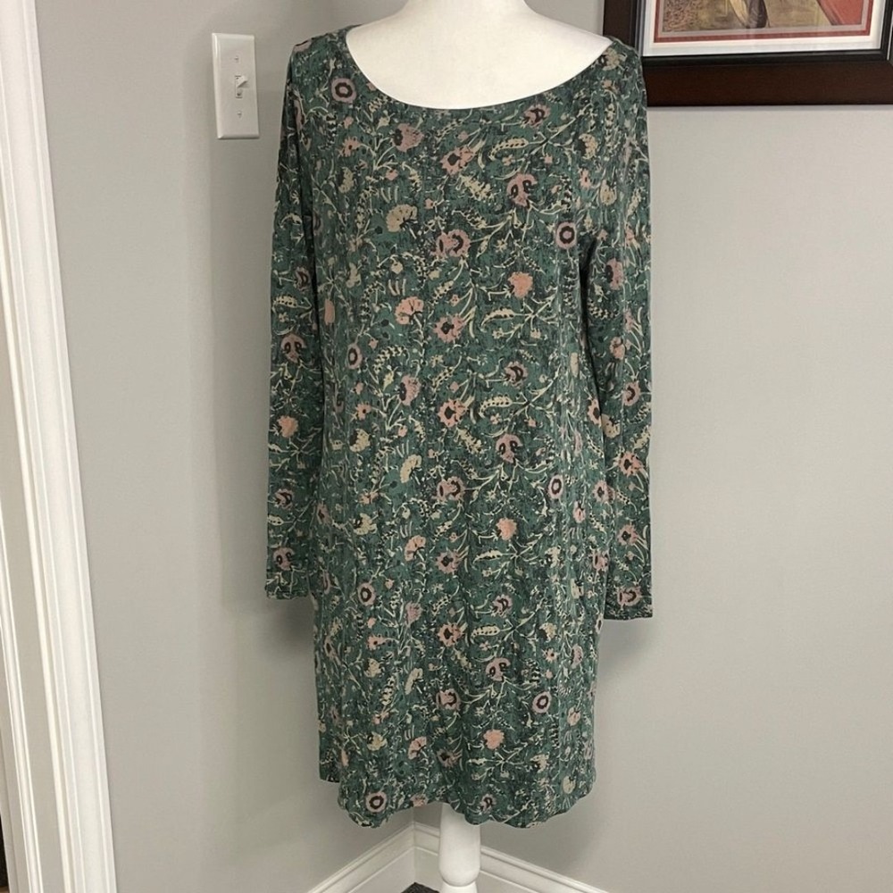 Peruvian Connection Green Floral Pima Cotton Modal Knit Shift Dress Large